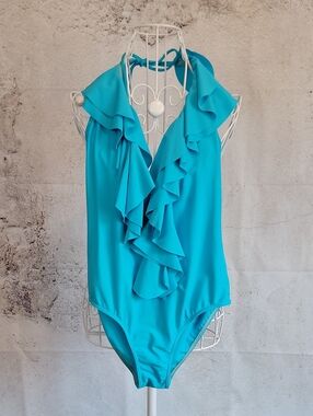 Sun & Sea One-Piecr Ruffled Halter Swimsuit - Turquoise Womens Size M